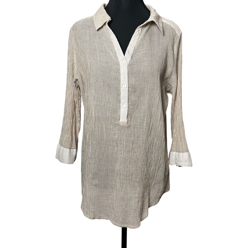 Women Tan Cream Striped Crinkle Cotton Semi Sheer Boho Beachy Tunic Blouse Large